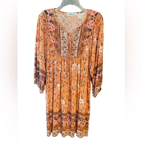 Boho Orange Floral Relaxed Flowy Peasant Sleeves Front Tie ‘60s Vibe Dress - Picture 1 of 8